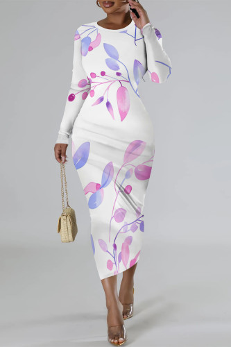 Light Purple Elegant Floral Print Contrast O Neck Printed Dresses