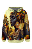 Khaki Casual Street Figure Print Draw String Pocket Hooded Tops