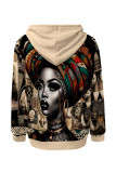 Khaki Casual Street Figure Print Draw String Pocket Hooded Tops