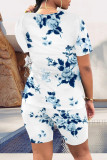 Blue Casual Street Floral Print Stripe Contrast O Neck Short Sleeve Two Pieces