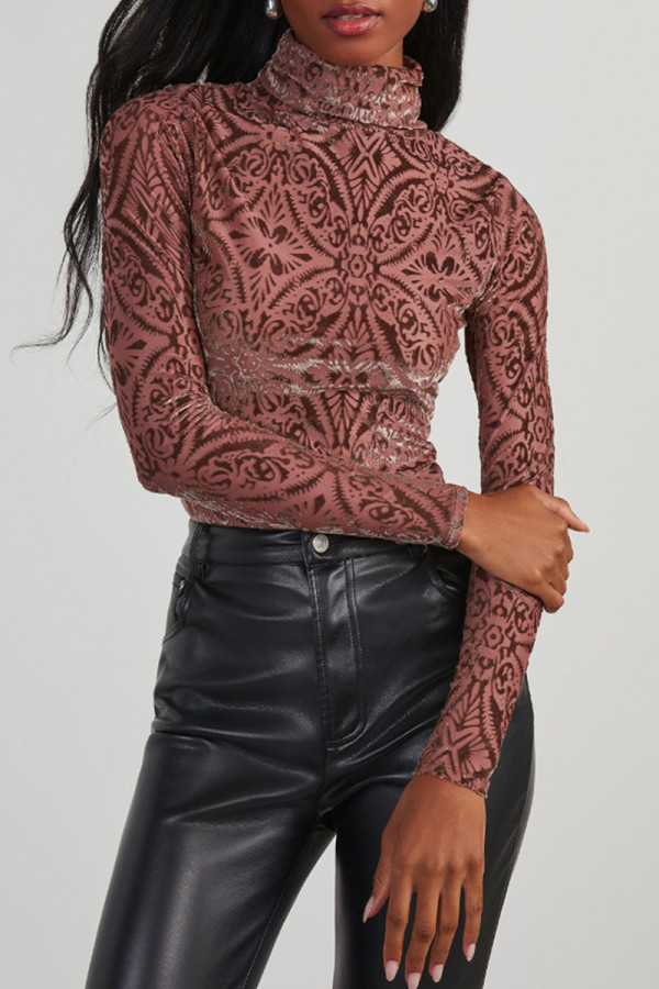 Brownness Casual Print Patchwork Turtleneck Tops