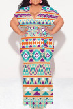 Light Khaki Casual National Totem Print Lace Up Contrast V Neck Printed Plus Size Dresses