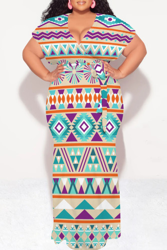 Light Khaki Casual National Totem Print Lace Up Contrast V Neck Printed Plus Size Dresses