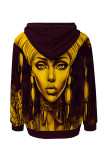 Khaki Casual Street Figure Print Draw String Pocket Hooded Tops