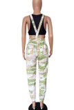 Black Casual Camouflage Print Draw String Pocket Patchwork Spaghetti Strap Jumpsuits