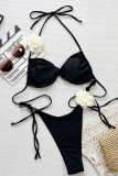 Black Sexy Strap Design Flower Shape Swimwears