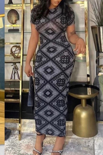 Black Casual Print Patchwork O Neck Long Dresses