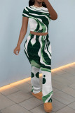 Green Casual Street Ombre Print Contrast O Neck Short Sleeve Two Pieces