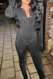 Black Casual Solid Color Sequins Patchwork Zipper Zipper Collar Skinny Jumpsuits