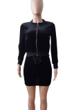 Black Casual Patchwork Cross Straps Zipper Contrast Zipper Collar Long Sleeve Two Pieces
