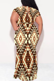Light Khaki Casual National Totem Print Lace Up Contrast V Neck Printed Plus Size Dresses