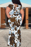 Sky Blue Sexy Geometric Print Gradient Lace Up Contrast V Neck Printed Plus Size Dresses