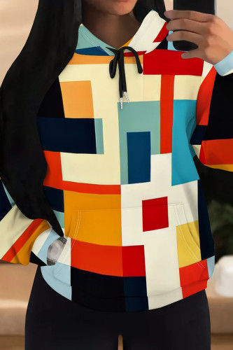 Colour Casual Print Pocket Patchwork Hooded Tops