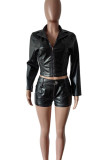 Dark Brown Casual Solid Color Buttons Patchwork Zipper Zipper Collar Long Sleeve Two Pieces