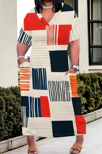 Cream White Casual Print Pocket Patchwork V Neck Straight Plus Size Dresses