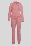Pink Casual Solid Color Basic Zipper Hooded Long Sleeve Two Pieces