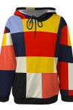 Orange Yellow Casual Print Pocket Patchwork Hooded Tops