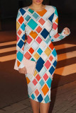 Blue Red Casual Print Patchwork O Neck Wrapped Skirt Dresses