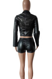 Dark Brown Casual Solid Color Buttons Patchwork Zipper Zipper Collar Long Sleeve Two Pieces
