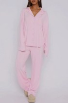 Pink Casual Solid Color Buttons Turndown Collar Long Sleeve Two Pieces
