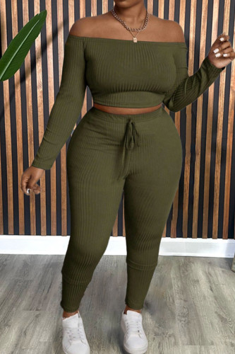 Army Green Casual Solid Color Lace Up Patchwork Off Shoulder Plus Size Two Pieces