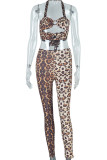 Leopard Print Sexy Leopard Print Patchwork Backless Halter Two Pieces