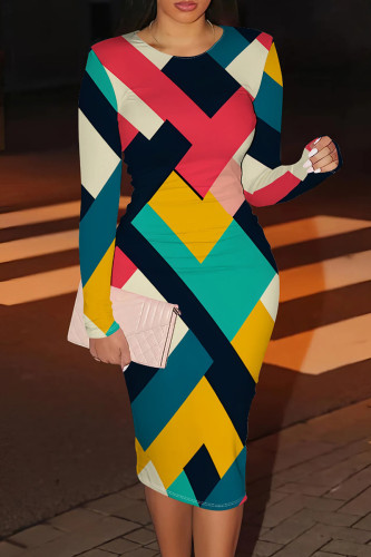 Multicolor Casual Print Patchwork O Neck Wrapped Skirt Dresses