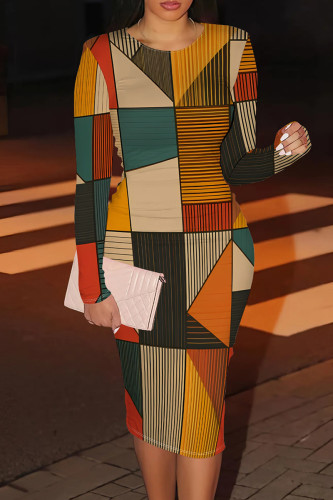 Green Yellow Casual Print Patchwork O Neck Wrapped Skirt Dresses