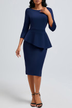 Tibetan Blue Elegant Solid Color Patchwork Slit Zipper O Neck Wrapped Skirt Dresses