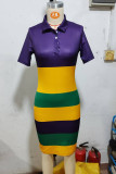 Multicolor Casual Colorblock Buttons Patchwork Turndown Collar Wrapped Skirt Dresses