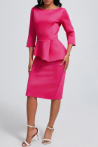 Rose Red Elegant Solid Color Patchwork Slit Zipper O Neck Wrapped Skirt Dresses