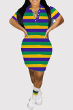 Multicolor Casual Colorblock Buttons Patchwork Turndown Collar Wrapped Skirt Dresses