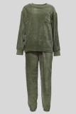 Army Green Solid Color Pocket Patchwork O Neck Long Sleeve Two Pieces
