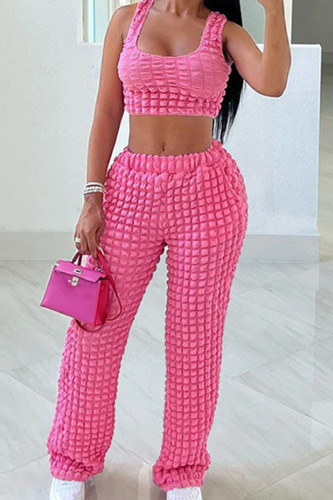 Deep Pink Casual Solid Color Patchwork U Neck Plus Size Two Pieces