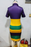 Multicolor Casual Colorblock Buttons Patchwork Turndown Collar Wrapped Skirt Dresses