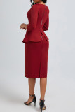 Ink Green Elegant Solid Color Patchwork Slit Zipper O Neck Wrapped Skirt Dresses