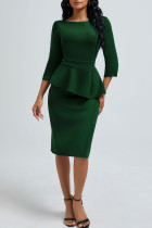 Ink Green Elegant Solid Color Patchwork Slit Zipper O Neck Wrapped Skirt Dresses