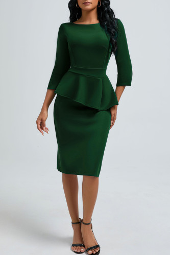 Ink Green Elegant Solid Color Patchwork Slit Zipper O Neck Wrapped Skirt Dresses