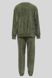 Army Green Solid Color Pocket Patchwork O Neck Long Sleeve Two Pieces