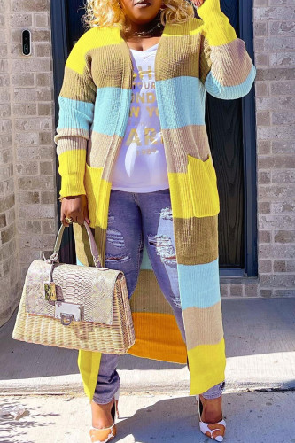 Yellow Casual Colorblock Pocket Patchwork Cardigan Collar Outerwear