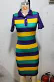 Multicolor Casual Colorblock Buttons Patchwork Turndown Collar Wrapped Skirt Dresses
