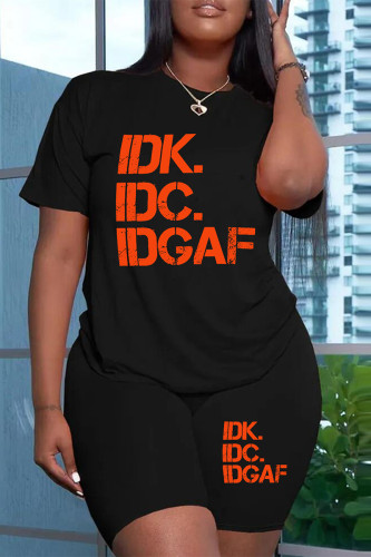 Black Casual Street Letter Print O Neck Plus Size Two Pieces