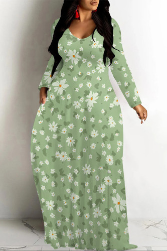 Green Elegant Floral Print Tie Dye Pocket Contrast V Neck Printed Dresses