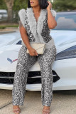 White Casual Leopard Print Patchwork Fluffy Deep V Neck Two Pieces