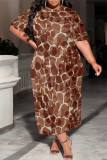 Brown Casual Geometric Print Stripe Gradient O Neck Printed Plus Size Dresses