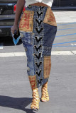 Blue Coffee Casual Street Faux Denim Print Contrast Skinny High Waist Full Print Bottoms