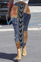 Dark Blue Casual Street Faux Denim Print Contrast Skinny High Waist Full Print Bottoms