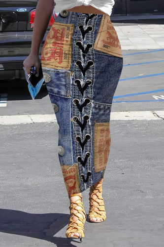 Dark Blue Casual Street Faux Denim Print Contrast Skinny High Waist Full Print Bottoms