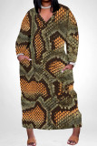 Light Blue Casual Snakeskin Print Leopard Pocket Contrast V Neck Printed Plus Size Dresses
