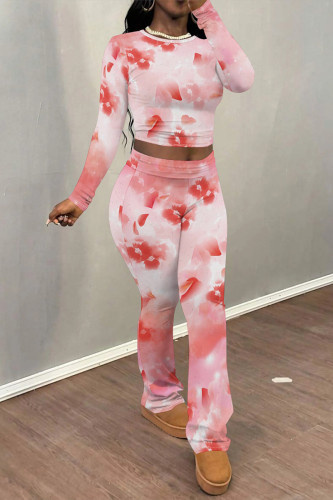 Red Casual Street Floral Print Tie Dye Contrast O Neck Long Sleeve Two Pieces